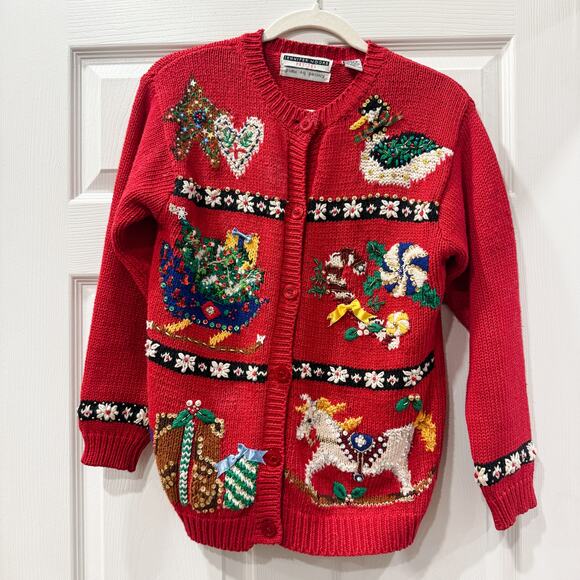Jennifer Moore Vintage Christmas Beaded Cardigan Sweater Red Women’s Petite - Picture 1 of 5